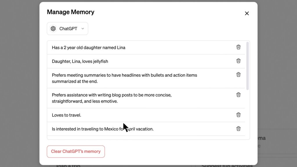 Vào Manage Memory để xoá các đoạn chat không cần thiết