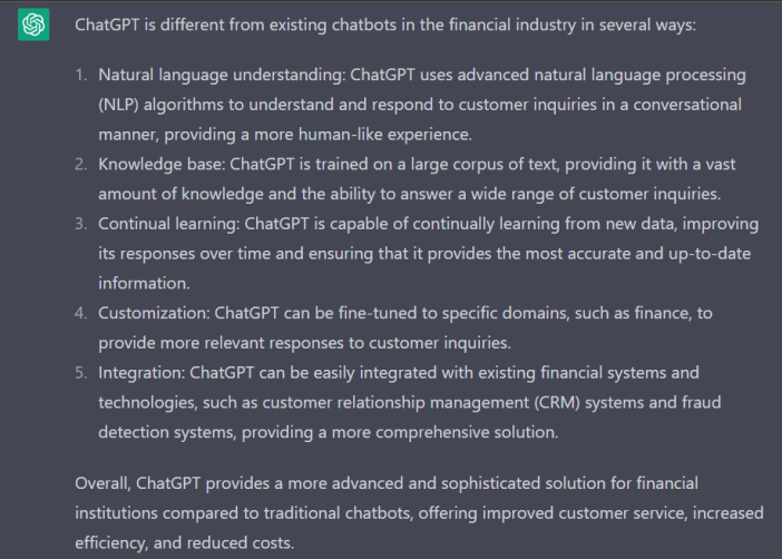 Hình ảnh về ChatGPT trả lời cho câu hỏi: Tại sao các tổ chức tài chính nên sử dụng ChatGPT?